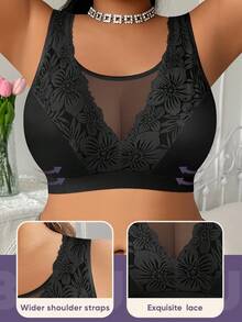 MEIYATING Sujetador de encaje inalámbrico transpirable y suave para mujer de talla grande, camiseta interior de unicolor y cómoda con cobertura completa - Negro - Ver 6
