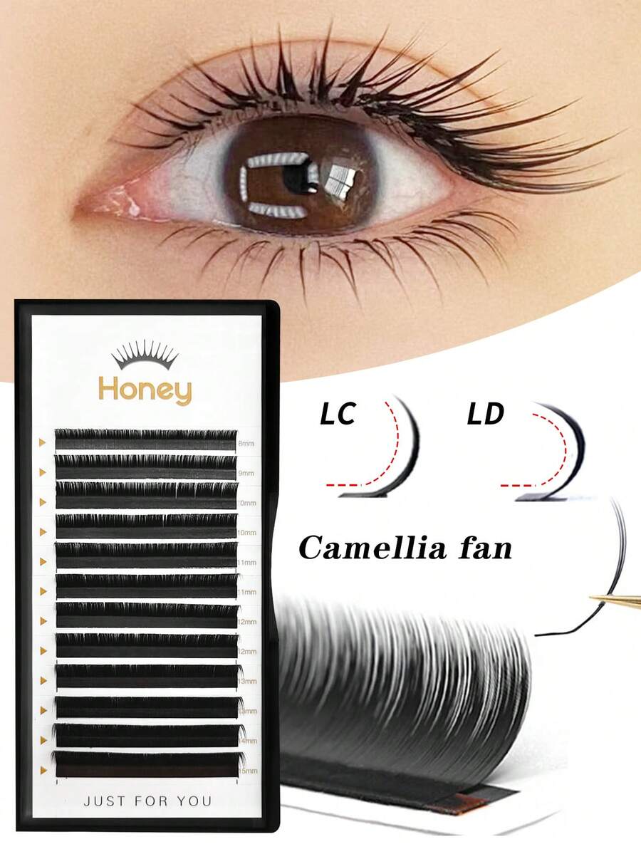 aHoneya Mi giả 12 hàng LC/LD kiểu hoa trà, mi giả nở không đều, mi giả tự nở dài, mi giả màu đen mờ tự nhiên, mi giả kiểu Hàn Quốc, 8-15mm