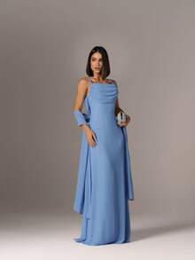 Elegant, Non-Sparkly Chiffon Long Party Dress With Thin Straps, Perfect For Bridesmaids At A Minimalist Wedding. - 寧靜藍 - 查看 2