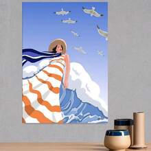 1 póster sin marco de arte costero francés - Estilo vertical Riviera Francesa con mujer en traje rayado y gaviotas, lona decorativa náutica turquesa/blanca/beige para dormitorio o baño – Decoración retro mediterránea - Enmarcado - Ver 3