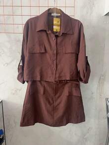 Marrant Women's Set | Three-Quarter Sleeve Shirt And Skort | Faux Pockets | With Belt - Màu nâu Sô-cô-la - Xem 2