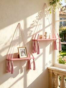 1 pieza/2 piezas Estantería colgante de macramé rosa, estantería de pared con cuerda de borlas con cuentas, estantería colgante de estilo bohemio para habitación de niñas, estantería de almacenamiento montada en la pared para dormitorio, sala de estar, interior, estantería colgante de plantas y decoración de fotos de estilo bohemio moderno, estantería de pared rosa multifuncional, elegante estantería colgante con borlas con cuentas - Multicolor - Ver 4