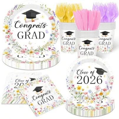 Colorful Wildflower Graduation Paper Plates And Napkins Set Floral Graduation Decorations Class Of 2026 Congrats Grad Decorations For College High School Nursing School Grad Party Supplies Serve 24