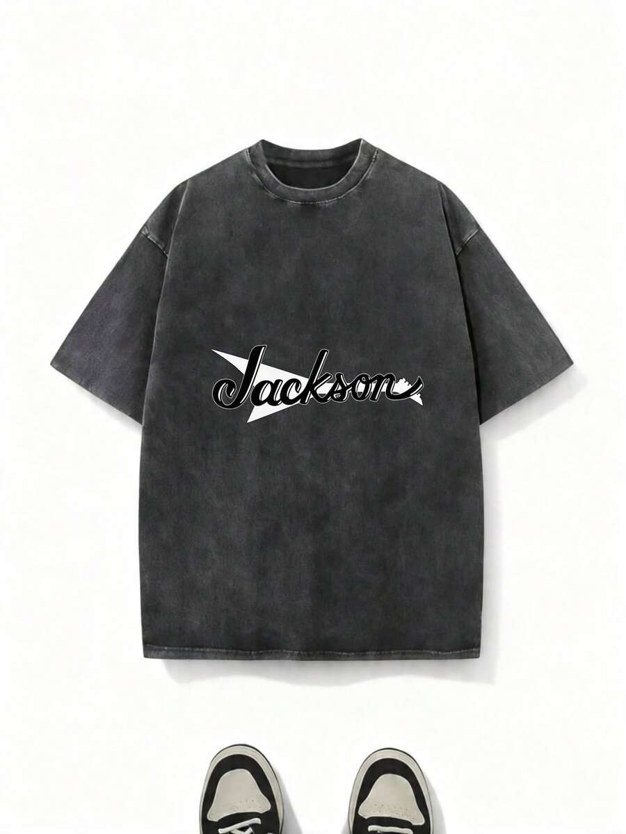 RODSKY Men's Jackson Guitar Graphic T-Shirt - 100% Cotton Bold Music Tee With Iconic Band Lettering & Logo, Lightweight Breathable Short Sleeve Shirt For Casual Wear & Music Lovers, All-Season Comfort, Machine Washable (Ideal Gift For Fans) - Black With White Design, Round Neck, Regular Fit, Geometric Print, Suitable For Adults, -Inspired Casual Attire With Iconic Jackson Brand Logo RAJK - Black - View 1