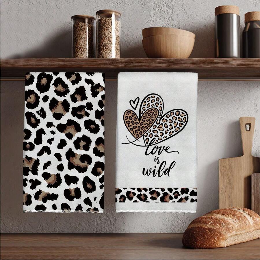 MEMNUN 2pcs Leopard Print Love Is Wild Text Pattern Kitchen Towels, Dish Towels, Hand Towels, Dish Cloths, 15.75*23.62in(40*60cm) Super Soft Microfiber Modern Cleaning Rags, Kitchen Accessories, Machine Washable, Suitable For Dining Room, Kitchen, Daily Decor And Gifts, All Seasons - Multicolor - View 1