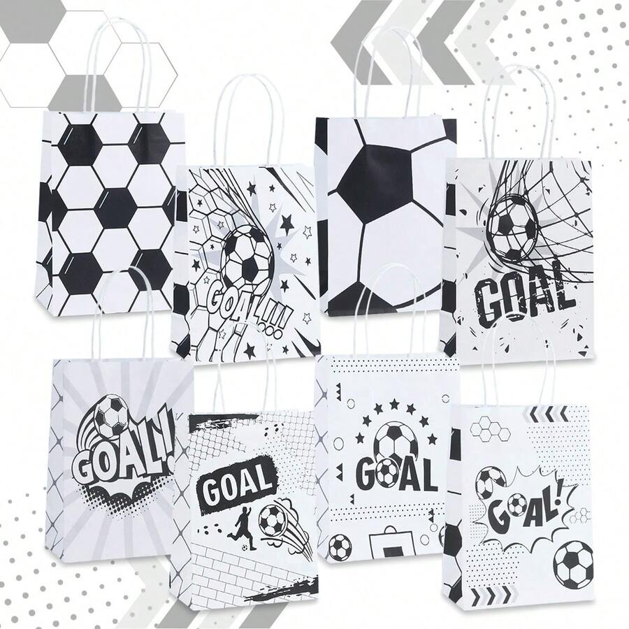 10/20个黑白极简足球主题纸袋,8种不同图案的“GOAL”印花派对礼品包装袋,足球俱乐部活动装饰,生日派对,球迷节礼品包装用品 - NF-005 - 查看 1