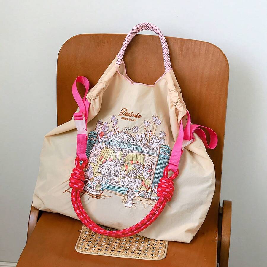 1件新款刺繡兔子馬戲團圖案輕量尼龍大容量購物袋,派對旅行女性單肩斜挎托特包 - 彩色 - 查看 1