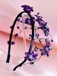 1 pièce Serre-tête en résine violette avec fleur et strass, Accessoire de mode pour cheveux, Coiffe de mariée, Accessoire de cheveux pour mariage, fête, bal, femmes, printemps/été, festival, anniversaire - Prune - Voir 7