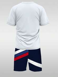 USA Soccer Themed 2pcs Men's Set, Striped Contrast Color Print Short Sleeve Shorts, Loose Breathable Sports Casual Daily Wear - Multicolor - View 3