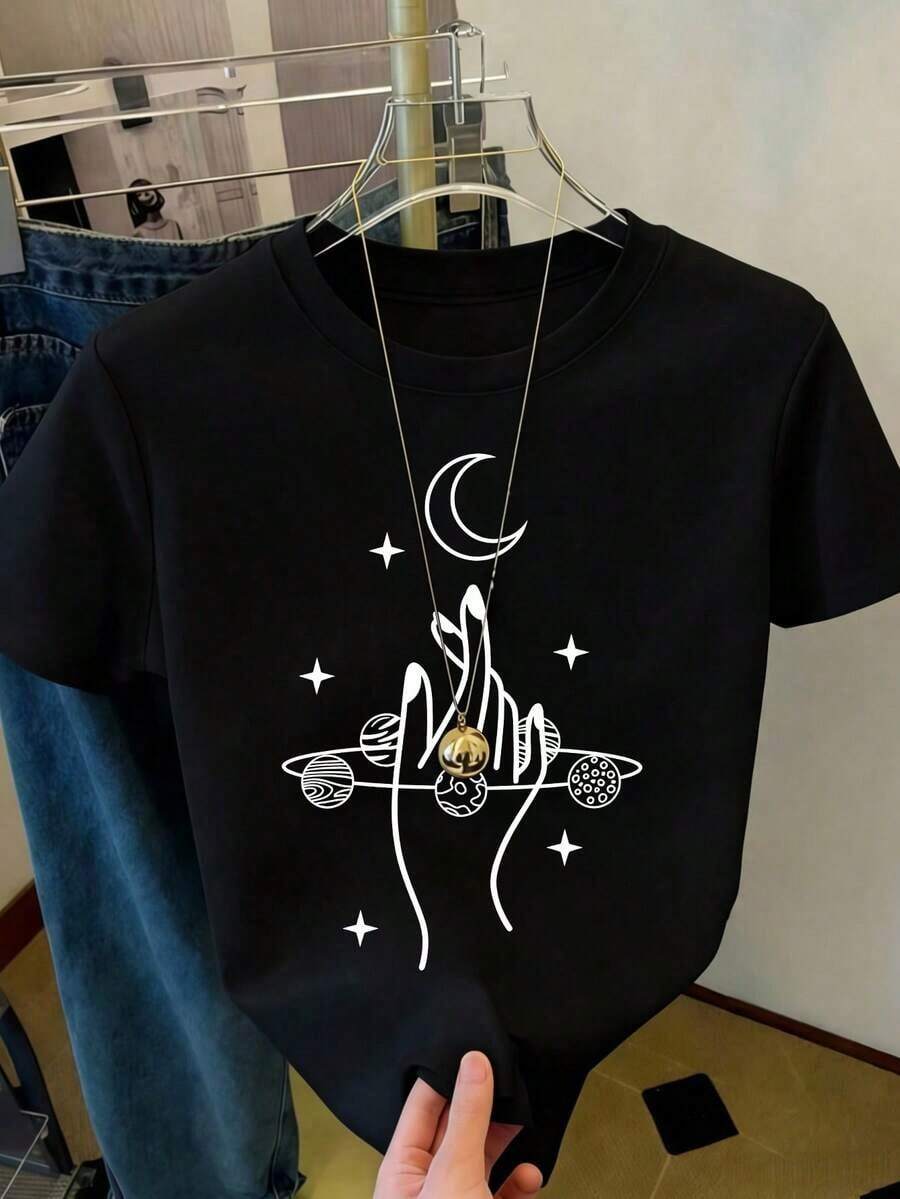 Camiseta de manga corta con cuello redondo para mujer, con un diseño gráfico en forma de corazón, transpirable y que no provoca sudoración, suave y lisa, de textura de alta calidad, adecuada para deportes y fitness, uso diario, vacaciones, oficina, escuela, fiestas y otras ocasiones diversas. - Negro - Ver 1