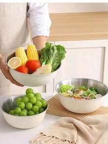 Bộ 3 món/1 món tô trộn salad bằng thép không gỉ có cân, tô đánh trứng và nướng bánh, bộ chậu rửa rau củ. - Kem - Xem 5
