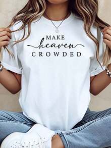 Make Heaven Crowded Christian T Shirt Women Casual Short Sleeve Top Religious Faith Statement Tee For Everyday Wear And Special Occasions,,Women's Ove - 白色 - 查看 7