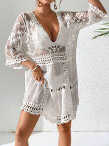 Swim Vcay Vestido cubre-bikini con cuello en V profundo con bordado geométrico de malla y manga 3/4 para mujeres - Blanco - Ver 3