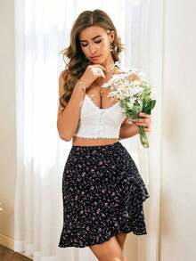 Falda con estampado floral con cordón fruncido bajo con fruncido - Multicolor - Ver 2