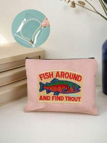 2D鱼群图案鳟鱼钓鱼化妆包，趣味钓鱼印花拉链化妆品收纳包，手提旅行洗漱包，可折叠轻便收纳袋，零钱包，拉链手拿包，化妆品收纳包 - 彩色 - 查看 10