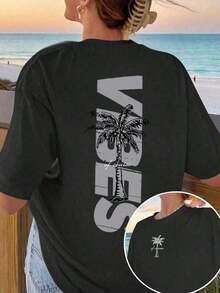 TopsWomen's Minimalist Coconut Tree Slogan Print Casual Round Neck Short Sleeve T-Shirt, Simple & Versatile, Suitable For Daily & Holiday Wear. Graphi - 黑色 - 查看 4