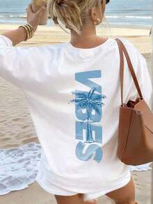 TopsWomen's Minimalist Coconut Tree Slogan Print Casual Round Neck Short Sleeve T-Shirt, Simple & Versatile, Suitable For Daily & Holiday Wear. Graphi - 白色 2 - 查看 2