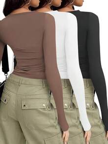 Top à manches longues, col rond, taille cintrée, coupe slim pour femmes - Multicolore - Voir 2
