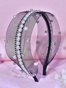 1pc Fashionable Pearl Rhinestone Headband, Simple Mesh Hollow Wide Band, Suitable For Bride, Wedding, Celebration, Banquet, Holiday Party, Daily Casual, Campus, Women's Hair Accessory Hairband - Multicolor - View 5