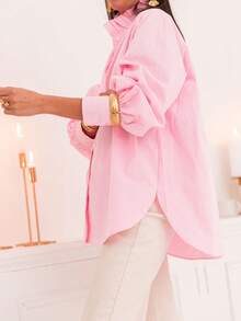 New Arrival Fashionable Elegant Solid Color Lantern Sleeve Stand Collar Casual Shirt, Suitable For Daily, Festivals, Vacation, And Dates Pink - Pink - View 8