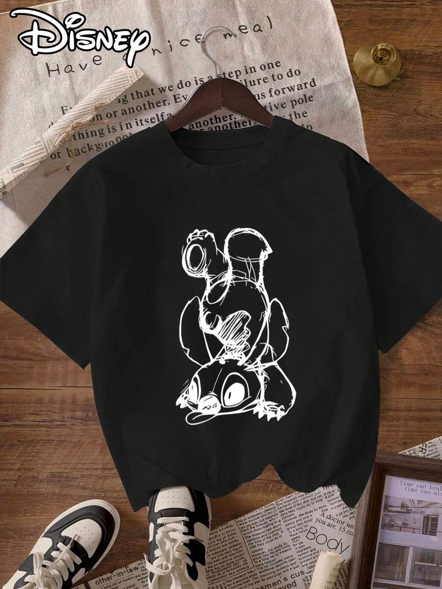 Disney Women's T-Shirt "Star Stitch" Print T-Shirt, Round Neck Pullover Women's Casual Sport Short Sleeve Top - Black - View 1