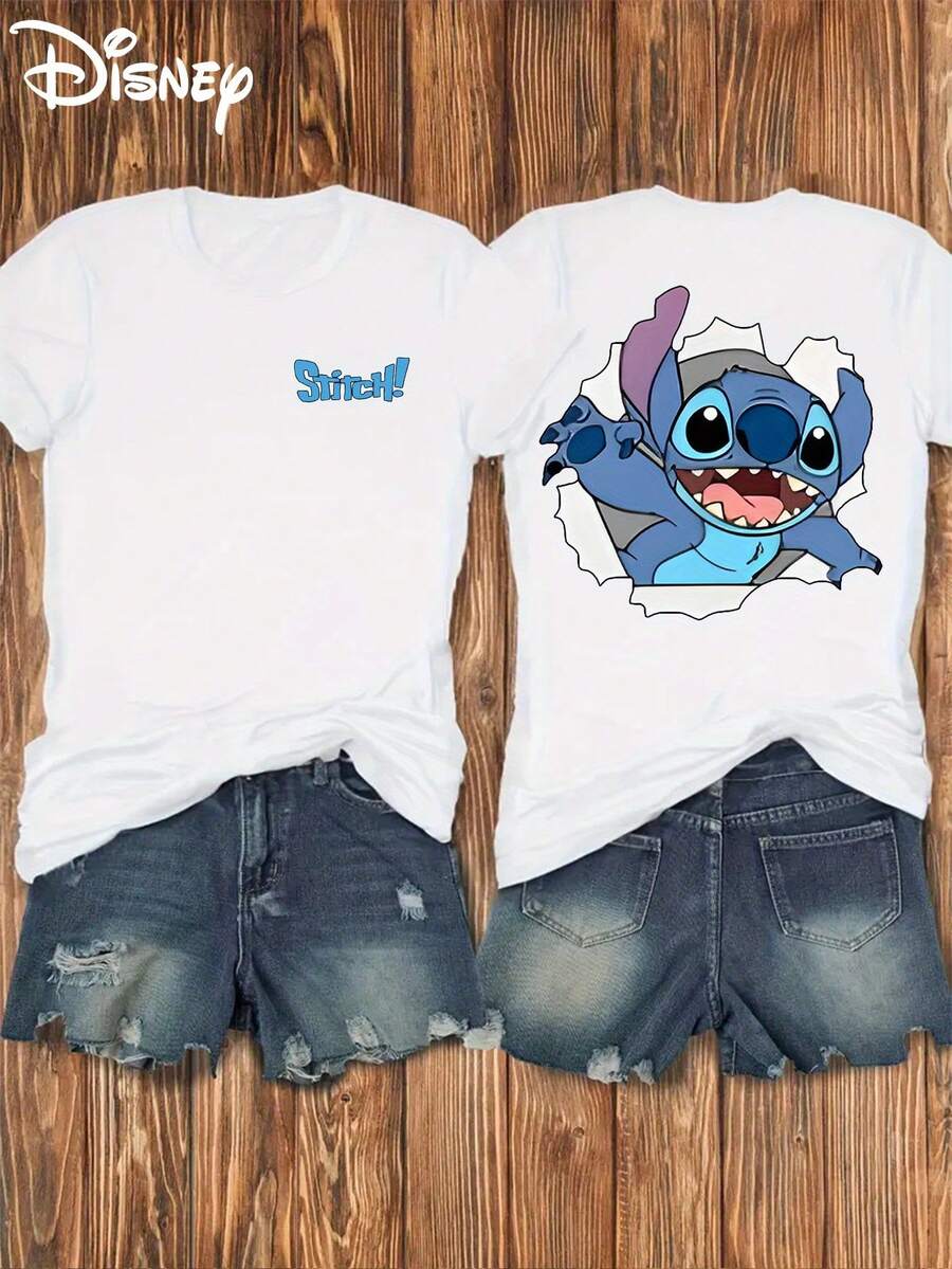 Disney Women's T-Shirt Stitch Print | Front And Back Prints, Soft And Elastic Casual Short Sleeved Top, Fashionable Short Sleeved Round Neck T-Shirt, Women'S Clothing - trắng - Xem 1
