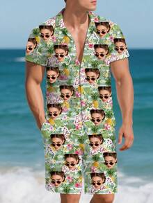 Custom Men's Hawaiian Shirt And Shorts Set, Brazilian Collar Button-Down Shirt + Beach Shorts Combination, Personalized Men's Holiday Outfit, Funny Face Design, Suitable For Casual Daily Wear And Holiday Outfits, Unique Gift For Boyfriend, Family, Friends - Multicolor - View 2