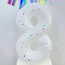 大型乳白色数字铝箔气球，配有彩色闪亮贴纸，适用于生日派对装饰、拍照道具、婚礼周年纪念布置等场合，数字0-9 - 數位氣球+貼紙 - 查看 6