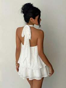 Vestido mini elegante de mujer con cuello halter y lazo en color amarillo claro - Blanco - Ver 6