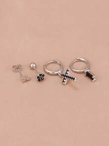 4PCS Fashion Stainless Steel Obsidian Black Little Zirconia Cross Earrings Set Birthday Anniversary Earrings Women Girl Small Gift - 1-silver-4PCS - View 4