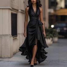 Best-Selling  Elegant V-Neck Irregular Women's Ruffle Dress With Slim Fit Flared Hem For Summer Parties - 黑色 - 查看 2
