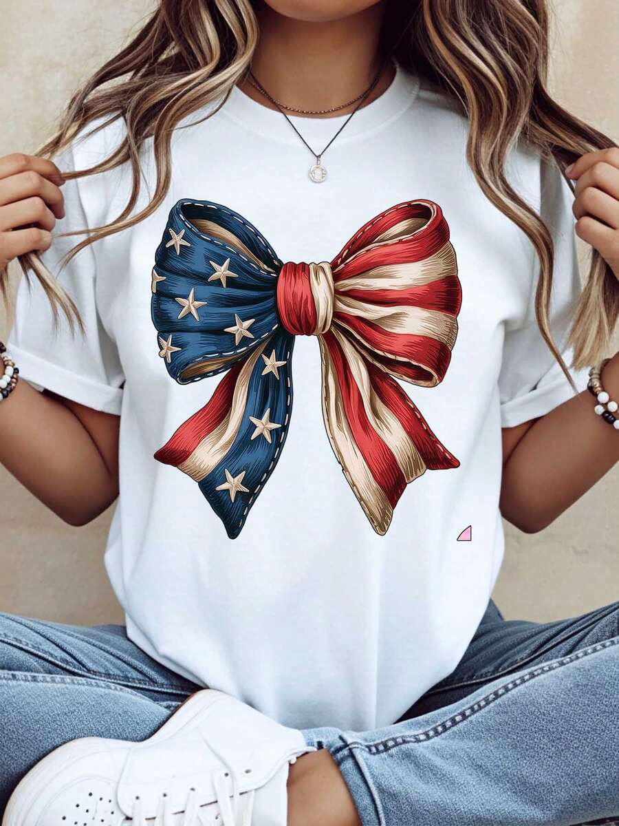 Patriotic American Flag Bow T Shirt Women Independence Day Celebration Casual Graphic Tee Fourth Of July Party Outfit Red White Blue Stars And Stripes Design,220g - 白色 - 查看 1