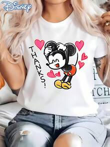 Disney! Women's T-Shirt With Mickey Mouse Doodle Print And Heart Design, Casual Fashion Round-Neck Short-Sleeve Summer Top, Cute Cartoon Sweatshirt For, Suitable For Outdoor And Daily Casual Wear - 白色 - 查看 1