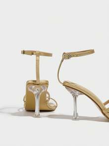 Women's New Square Toe Transparent Heel Slingback Rhinestone Strap Daily & Party High Heel Sandals - Gold - View 8