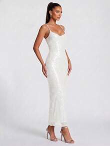 Đầm slip hở lưng đính sequin thời trang cho tiệc tùng - trắng - Xem 4