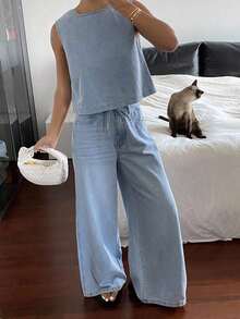 Conjunto denim estilo casual: top corto sin mangas + pantalones vaqueros holgados, estilo versátil y juvenil para diario - Azul 3 - Ver 8