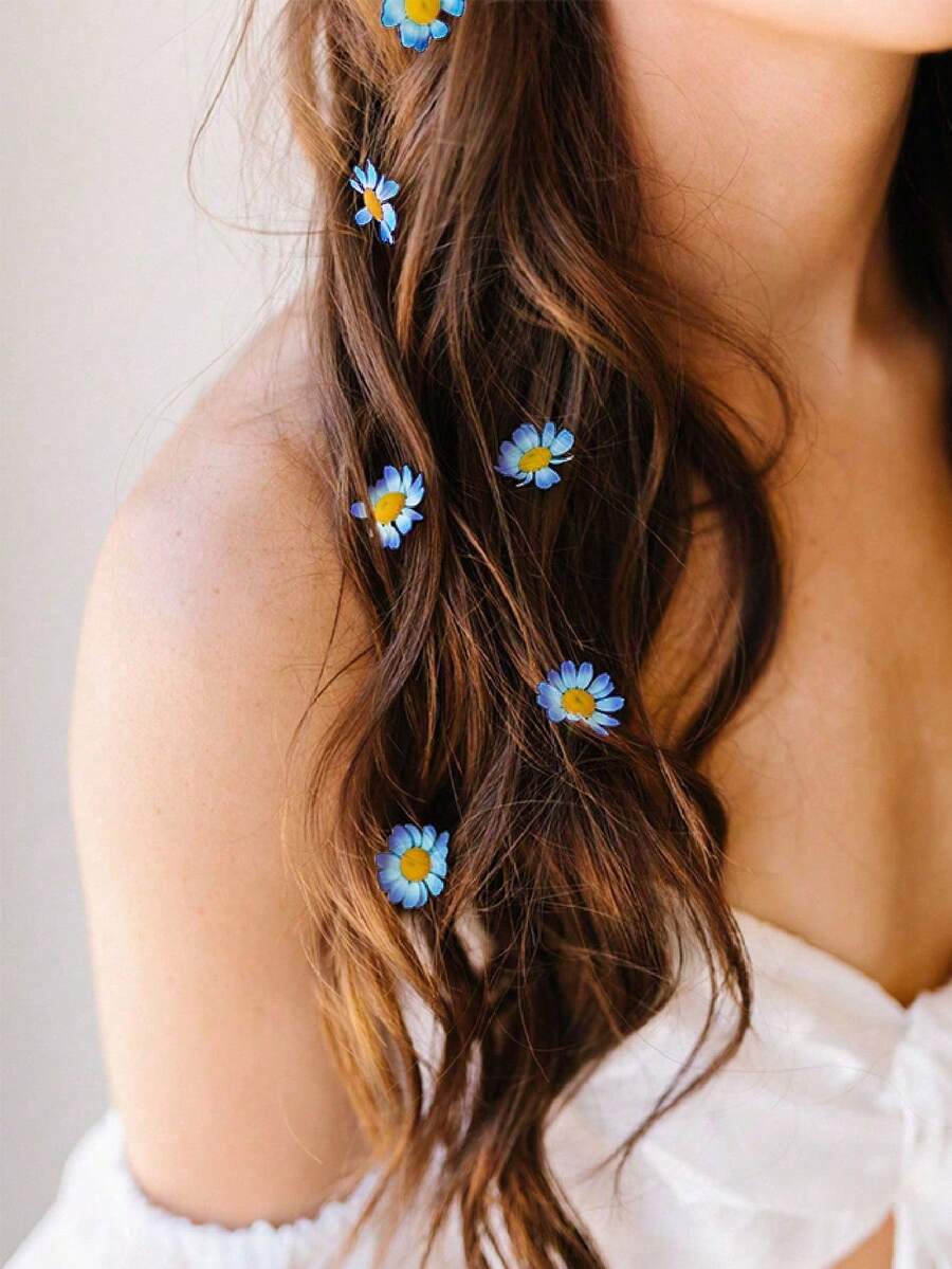 10pcs Floral Invisible Hair Clips Set, Wedding, Vacation, Beach, Summer Hairstyle Accessories - Daisy, Suitable For Braids, Adjustable , Women Hair Clips, Braid Rings, Gold Color,Travel,Birthday, Claw Clips - Blue - View 1