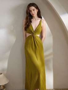 Ocili Vestido casual decorativo de jersey suave y amigable con la piel, de estilo minimalista y relajado, para mujeres en temporada de vacaciones - Verde Oliva - Ver 6