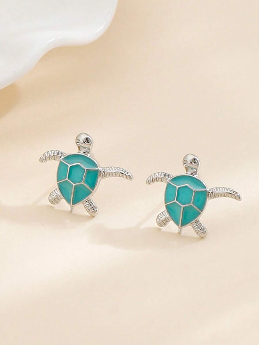 1 Pair Creative Turtle Earrings, Fashionable Ocean Style Earrings, Versatile For Daily Wear, Party, Vacation - Mint Blue - View 1