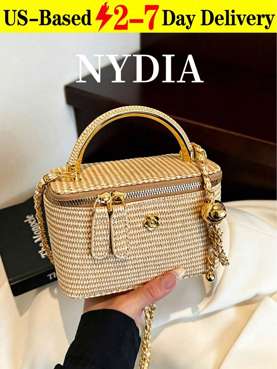 Local Delivery Beige Woven Straw Box Bag, Bolsos Para Mujer Carteras Para Mujer, Camellia Gold Chain Crossbody, Metal Handle Mini Cosmetic Purse, Stylish Shoulder Handbag For Summer Vacation Beach Brunch Casual Daily Special Occasion Gift - 卡其色 - 查看 1
