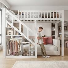 Caluself 140 X 200 Cm, Bunk Bed, Double Bed With Star-Patterned Mesh, Made Of Solid Wood, With Safety Ladder And Storage Space, With Slatted Base, White, Without Mattress - White - View 2