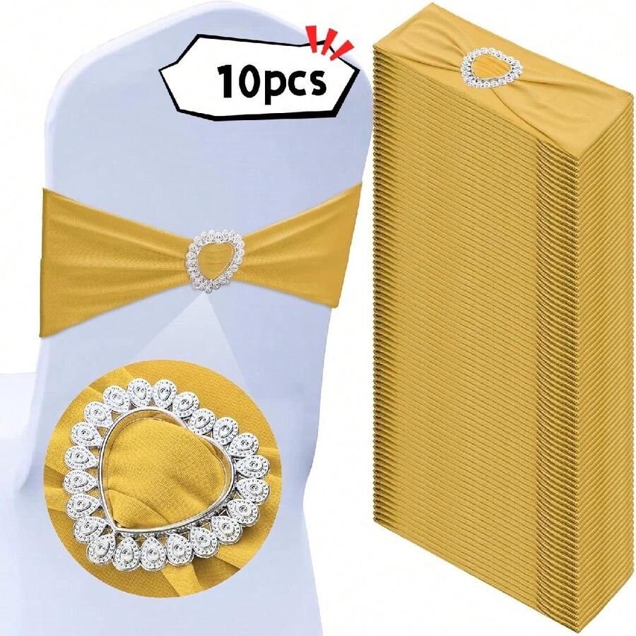10pcs/Set Chair Back Decor Elastic Bands With Bowknot, Elastic Chair Covers With Heart Buckle Sliders, Universal For Wedding Party Event Decoration - Yellow Gold - View 1