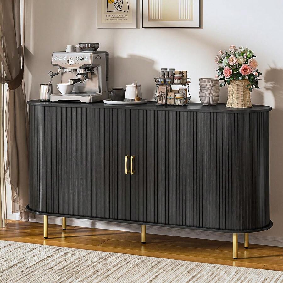 Sideboard Buffet Cabinet With Storage, 55" Fluted Storage Cabinet With Tambour Sliding Doors, Wood Coffee Bar Console Table For Living Room Hallway Entryway - Đen - Xem 1