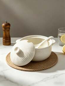 Cream White Ceramic Soup Pot Set With Lid, 4 Texture Options, INS Cream Style Highly Attractive Design, Premium High-Temperature Resistant Ceramic Material, Lid Locks Temperature And Freshness, Smooth Glazed Surface Easy To Clean, Suitable For Microwave, Oven, Refrigerator And Multiple Scenarios, Ideal For Home Soup, Stewing, Family Gatherings And Portioning, Suitable For Housewives, Food Lovers And Renters, Perfect Gift For Eid Feast, Housewarming, Combines Practical Kitchen Function With Home Decor Effect, Multi-Purpose Pot Fits Various Kitchen Styles And Dining Needs - View 12