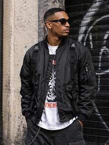 Mens Tactical Zip Up Fall Winter Bomber Jacket Streetwear Padded Outerwear Zip Up Coat Keep Warm - Black - View 1