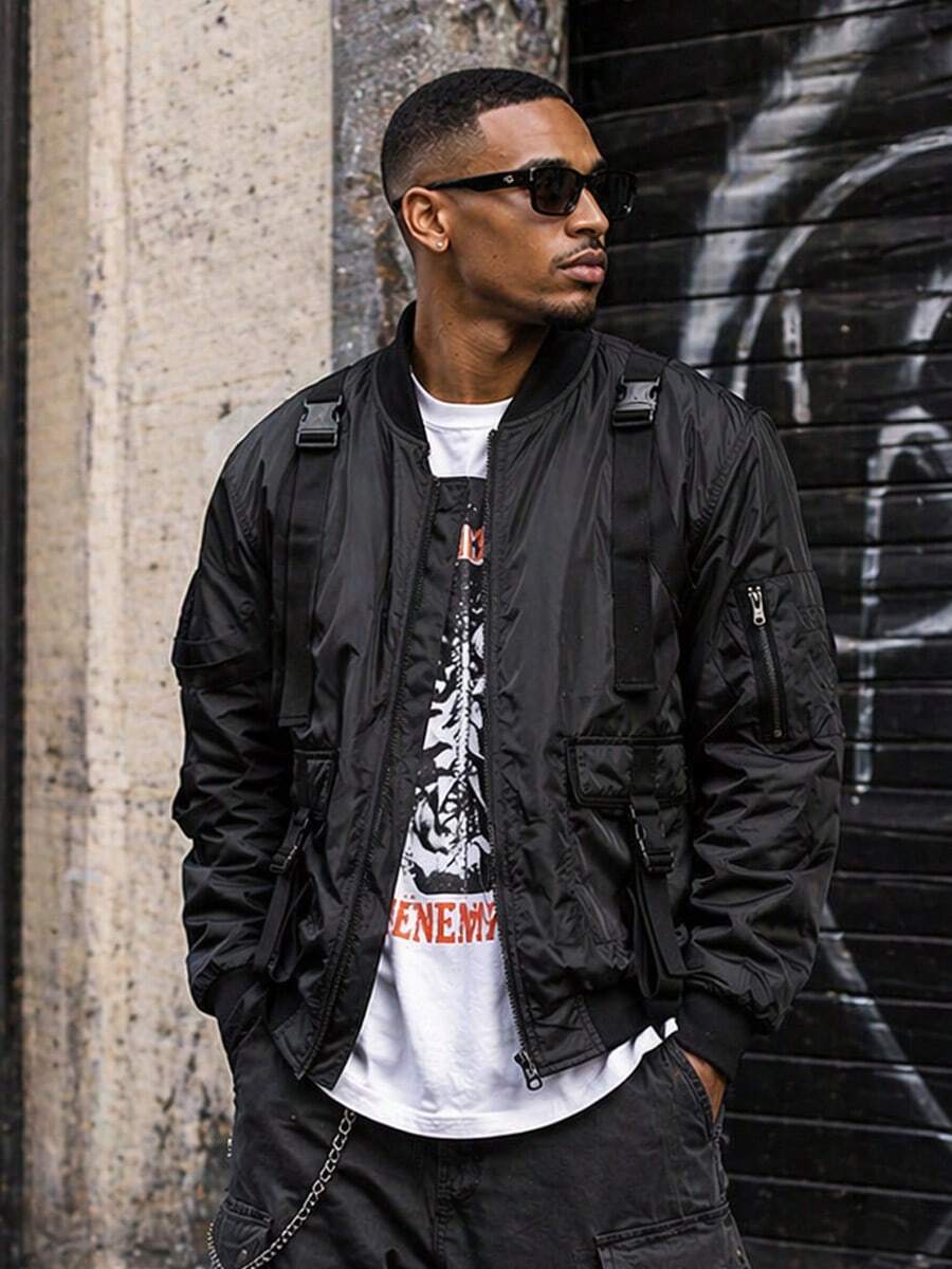 Mens Tactical Zip Up Fall Winter Bomber Jacket Streetwear Padded Outerwear Zip Up Coat Keep Warm - Black - View 1