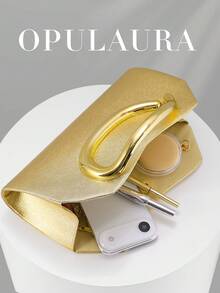 OpulAura 女士优雅金色真皮手提包，奢华天鹅绒晚宴手拿包，适合搭配正式礼服、婚礼、生日派对和毕业晚会。 - 金色 - 查看 8