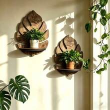 Wooden Bohemian Style Decorative Rack, Mango Leaf Floating Shelf, Wall-Mounted Flower Pot Holder, Wall Flower Pot Display Rack - Multicolor - View 5