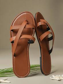 Women's Retro Toe Ring Flat Sandals, Summer Criss-Cross Strap Roman Sandals, Contrast Stitching, Casual Beach Slippers - Brown - View 3