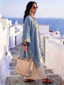 1 chiếc khăn choàng/khăn quàng cổ kimono/sarong thêu hoa kẻ caro phong cách Bohemian thanh lịch, thích hợp cho nữ mùa xuân/hè, kiểu dáng sang trọng, nhẹ nhàng, đa năng, phù hợp mặc hàng ngày và làm quà tặng. - Màu xanh lam - Xem 4